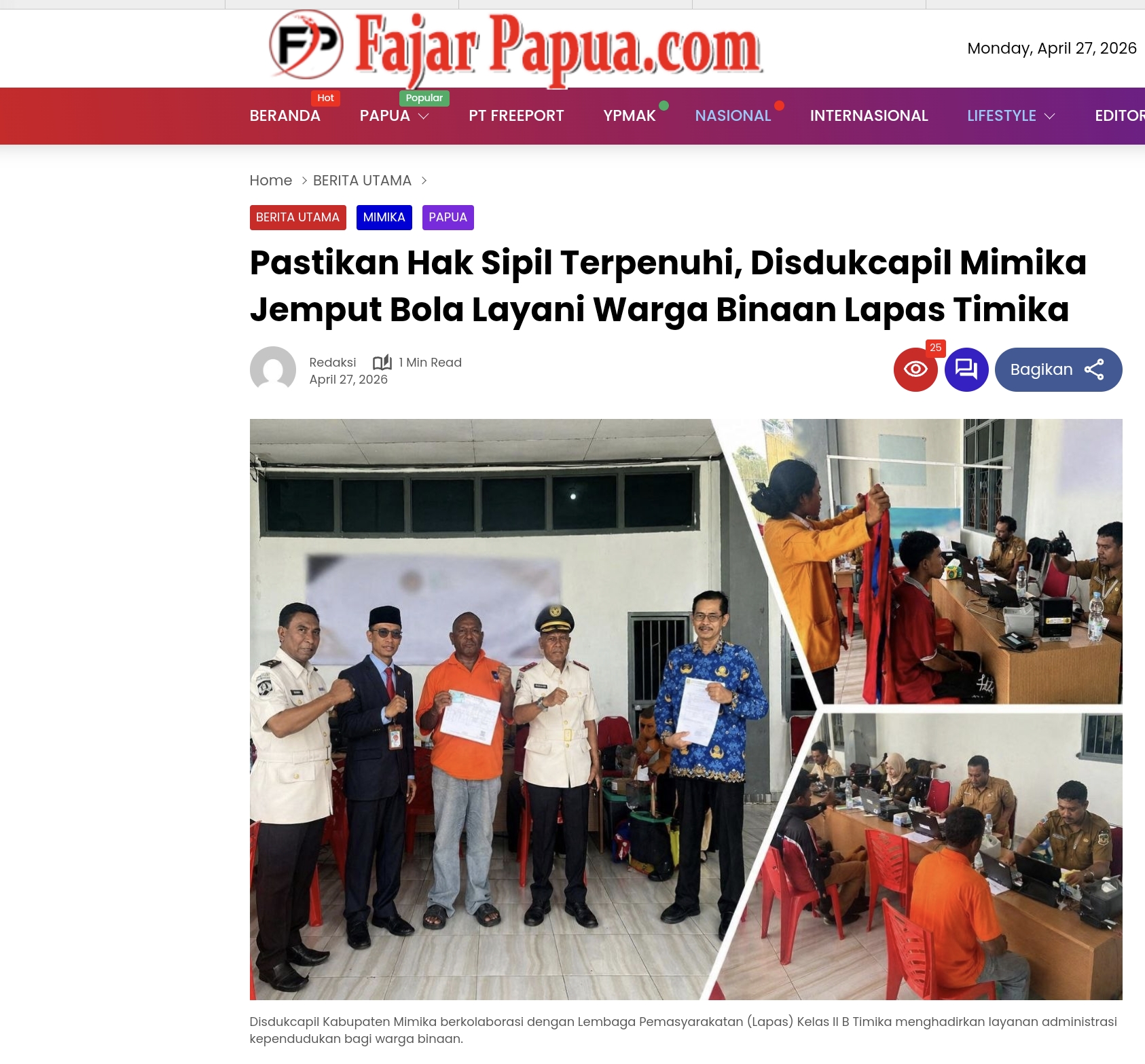 Pastikan Hak Sipil Terpenuhi, Disdukcapil Mimika Jemput Bola Layani Warga Binaan Lapas Timika