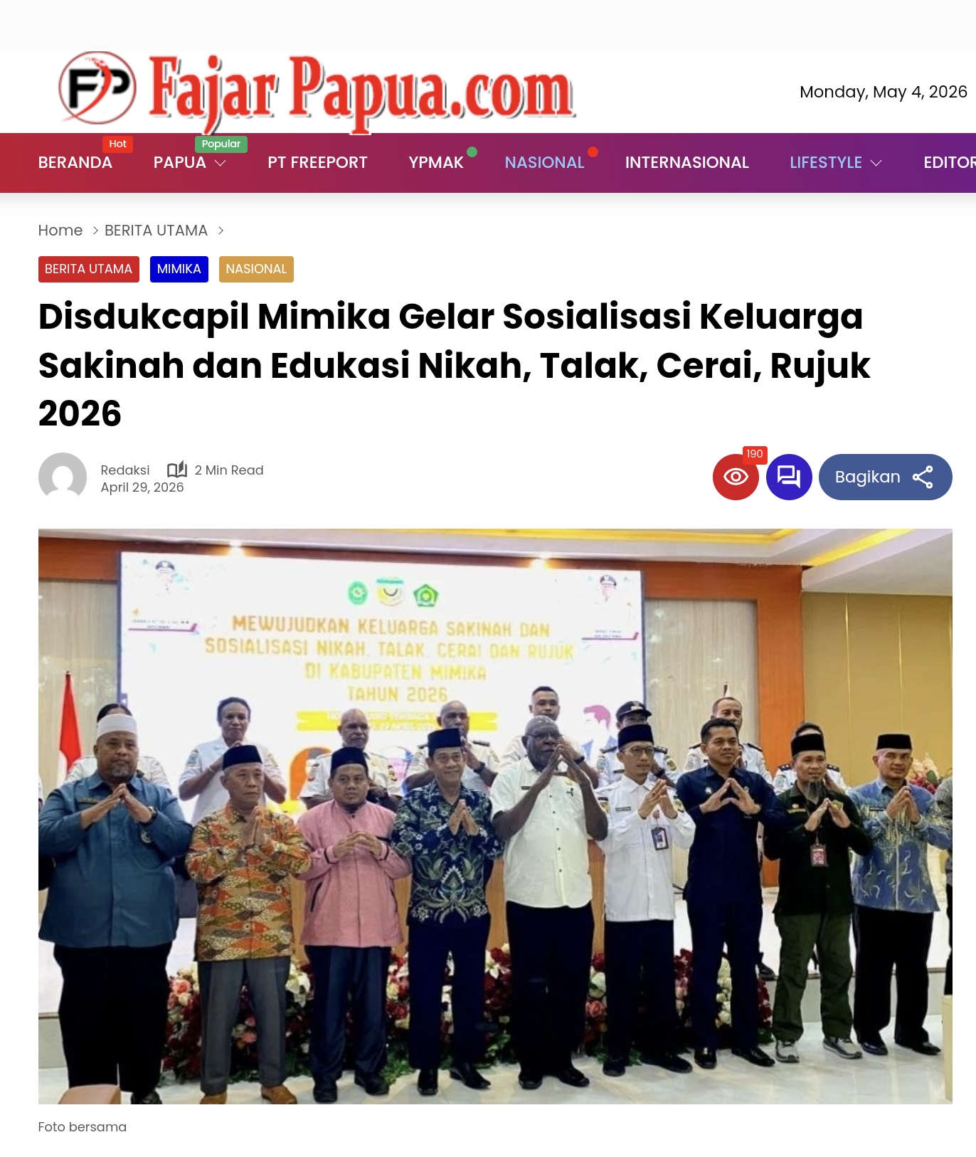 Disdukcapil Mimika Gelar Sosialisasi Keluarga Sakinah dan Edukasi Nikah, Talak, Cerai, Rujuk 2026