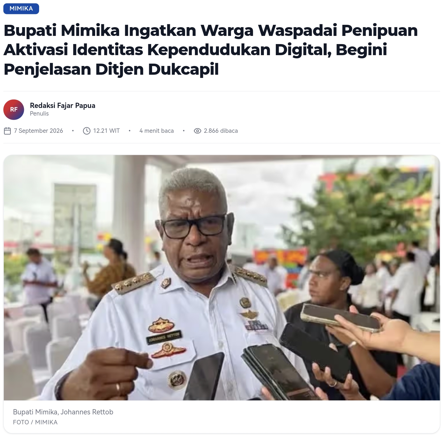 Bupati Mimika Ingatkan Warga Waspadai Penipuan Aktivasi Identitas Kependudukan Digital, Begini Penjelasan Ditjen Dukcapil